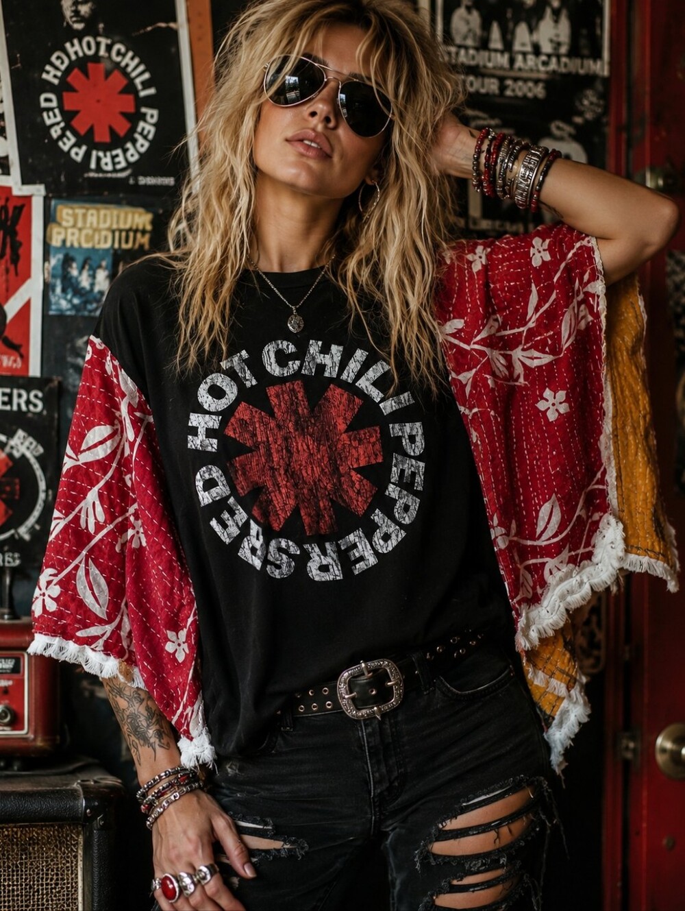 Upcycled Red Hot Chili Peppers Band Tee With Kantha Sleeves, OS